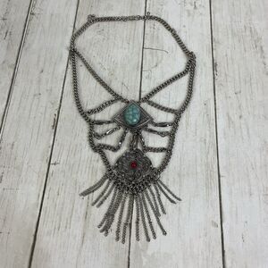 Bohemian Silver Tone Chain Necklace Turquoise & Red Stones Adjustable Length